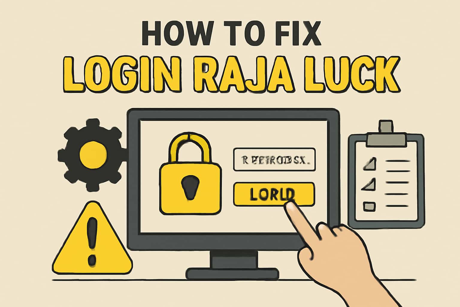 An educational graphic illustrating solutions for fixing login issues in the Raja Luck app.