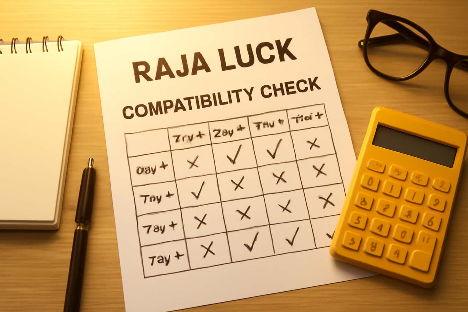 Informational scene illustrating the Raja Luck Compatibility Check process.